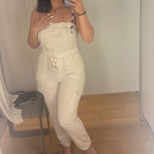 Tube Top Cream Cargo Jumpsuit